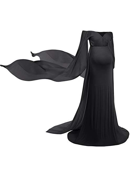 OLEMEK Women's Off Shoulder Elegant Fitted Maternity Gown Chiffon Flare Cape Sleeve Slim Fit Maxi Photography Dress for Baby Shower