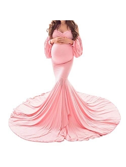 OLEMEK Women Off Shoulder Lace Maxi Maternity Dress Long Puff Sleeve V Neck Elegant Slim Fit Gown Split Pregnancy Photography Dress