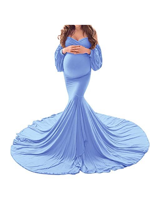 OLEMEK Women Off Shoulder Lace Maxi Maternity Dress Long Puff Sleeve V Neck Elegant Slim Fit Gown Split Pregnancy Photography Dress