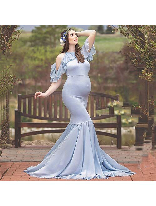 OLEMEK Women Halter Chiffon Ruffle Sleeve Mermaid Maternity Dress Elegant Fitted Gown Baby Shower Maxi Photography Dress Photo Shoot
