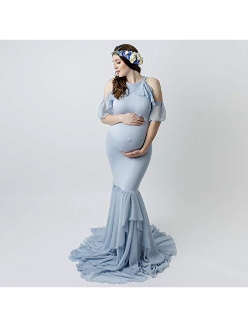 OLEMEK Women Halter Chiffon Ruffle Sleeve Mermaid Maternity Dress Elegant Fitted Gown Baby Shower Maxi Photography Dress Photo Shoot