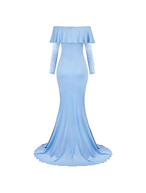Women Off Shoulder Mermaid Maternity Dress Ruffle Slim Fitted Cross-Front V Neck Long Sleeve Baby Shower Gowns for Photoshoot