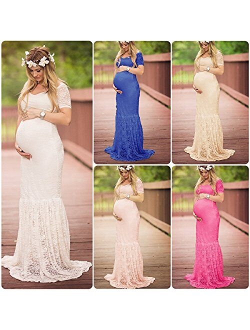 OLEMEK Women's Casual Lace Mermaid Maternity Dress Off Shoulder Short Sleeve V Neck Pregnancy Slim Fit Photography Baby Shower Gowns