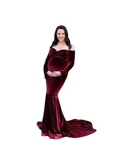 OLEMEK Women's Off Shoulder Mermaid Velvet Maternity Dress Long Sleeve Cross V Neck Slim Fit Gown Baby Shower Maxi Photography Dress