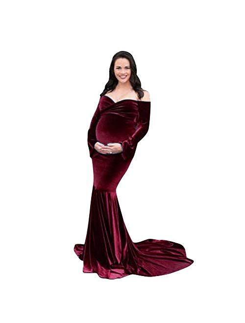 OLEMEK Women Maternity Off Shoulder Mermaid Chiffon Gown V Neck Slim Fit Maxi Photography Dress 