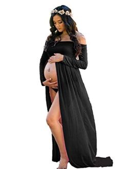 Yuanlar Maternity Off Shoulder Long Sleeve Chiffon Gown Split Front Maxi Photography Dress for Photo Shoot