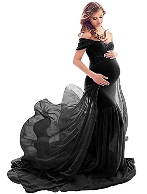 Yuanlar Maternity Fitted Photography Gown Off Shoulder Mermaid Chiffon Maxi Dress for Photo Shoot Baby Shower