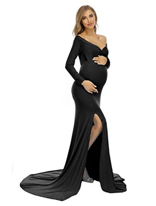Yuanlar Maternity Off Shoulder Fitted Photography Gown Side Slit Maxi Dress for Photo Shoot Baby Shower