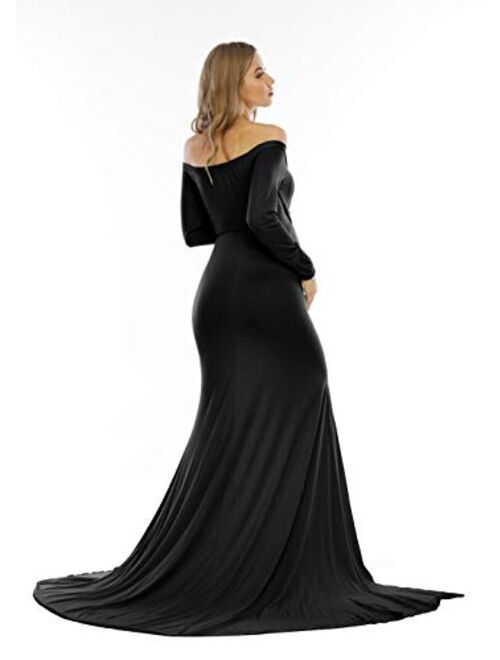 Yuanlar Maternity Off Shoulder Fitted Photography Gown Side Slit Maxi Dress for Photo Shoot Baby Shower