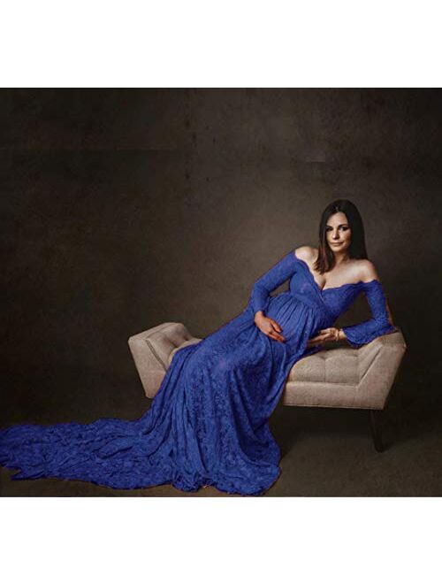 ZIUMUDY Lace Maternity Floral Off Shoulder Photography Gown Flared Long Sleeve Maxi Photo Shoot Wedding Dress