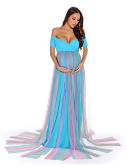 ZIUMUDY Off Shoulder Rainbow Maternity Dress for Photo Shoot Baby Shower Dress Short Sleeve Tulle Maternity Gown Party Dress
