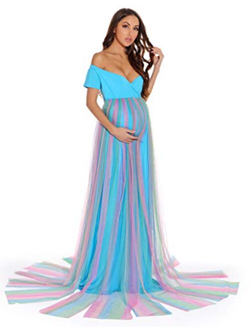ZIUMUDY Off Shoulder Rainbow Maternity Dress for Photo Shoot Baby Shower Dress Short Sleeve Tulle Maternity Gown Party Dress