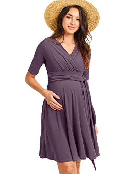 Hello MIZ Flower Print V-Neck 3/4 Sleeve Baby Shower Front Tie Wrap Maternity Dress