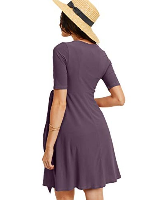 Hello MIZ Flower Print V-Neck 3/4 Sleeve Baby Shower Front Tie Wrap Maternity Dress