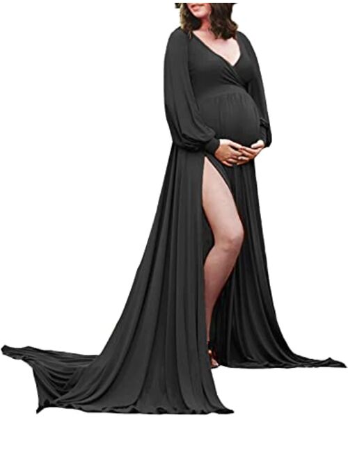 ChoiyuBella Maternity Gown Bishop Sleeves Baby Shower Dress Wrap Side Slit Sweetheart Maxi Photo Shoot for Photography