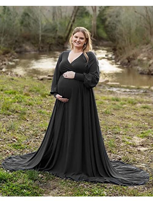 ChoiyuBella Maternity Gown Bishop Sleeves Baby Shower Dress Wrap Side Slit Sweetheart Maxi Photo Shoot for Photography