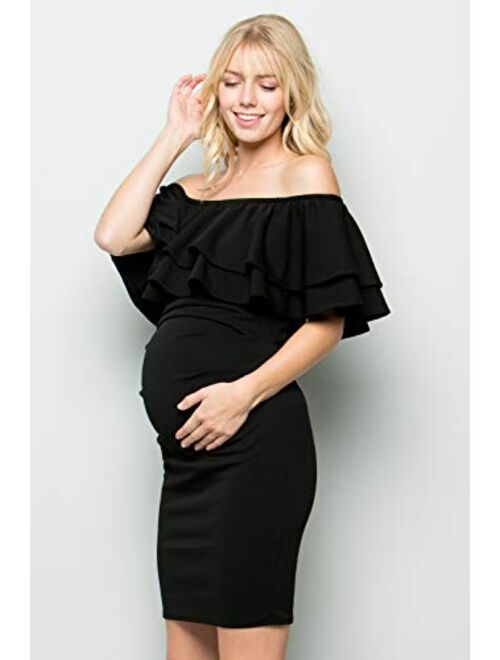 My Bump Double Layer Ruffle Maternity Dress-Fitted Off-Shoulder Baby Shower Pregnancy