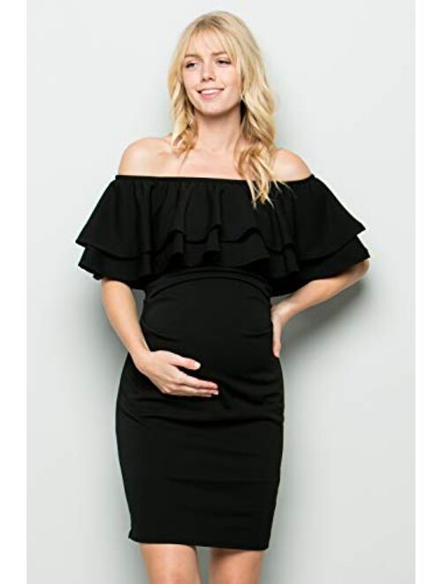 My Bump Double Layer Ruffle Maternity Dress-Fitted Off-Shoulder Baby Shower Pregnancy