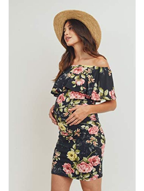 Made in USA Hello MIZ Women's Floral Ruffle Off Shoulder Maternity Dress