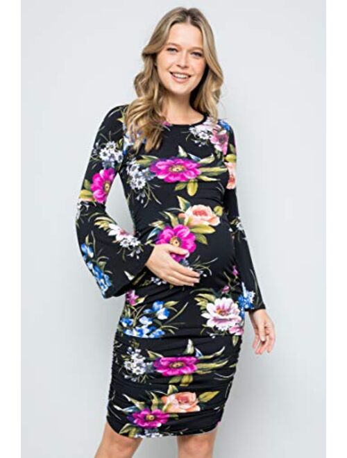 My Bump Women's Maternity Dress - Printed Fitted Stretch Bell Sleeve W/Ruched