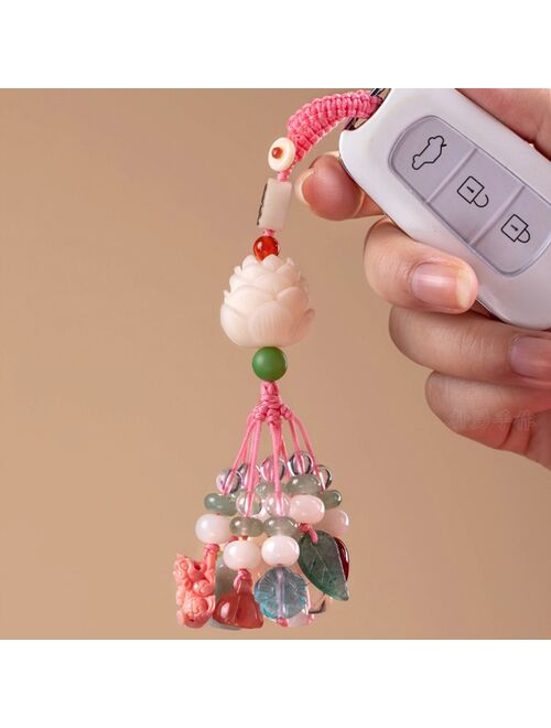 Nautral Crystal Energy Stone Keychain Bring Health Wealth Lucky Pig PIXIU Lotus Key Chains Key Ring Key Holder For Women Jewelry