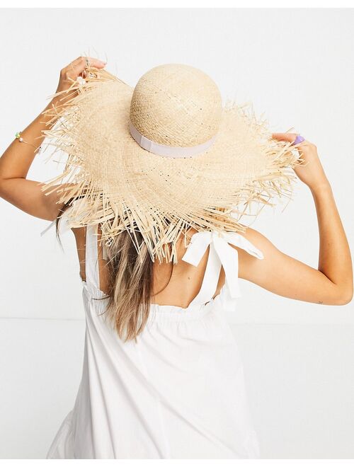 ASOS DESIGN straw raw edge floppy hat with size adjuster in natural