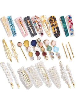 28 PCS Hingwah Pearls and Acrylic Resin Hair Clips, Handmade Hair Barrettes, Marble Alligator bobby pins, Glitter Crystal Geometric Hairpin, Elegant Gold Hair Accessories