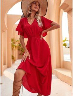 Butterfly Sleeve Solid A-line Long Dress