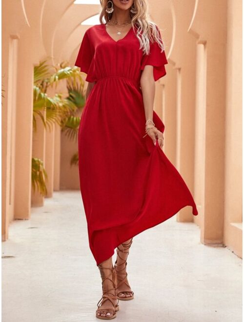 Shein Butterfly Sleeve Solid A-line Long Dress