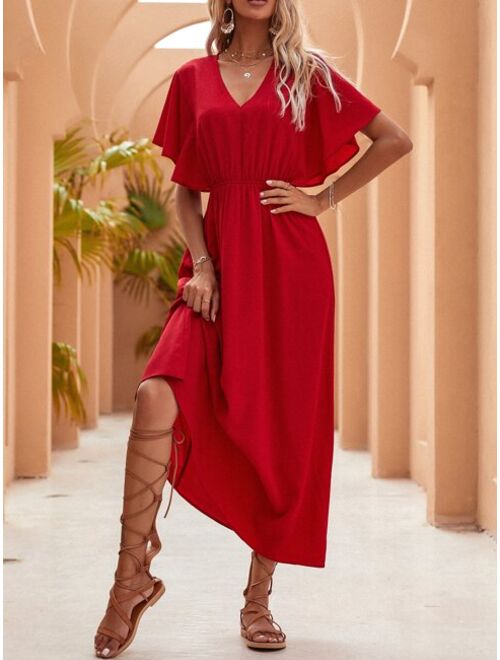 Shein Butterfly Sleeve Solid A-line Long Dress