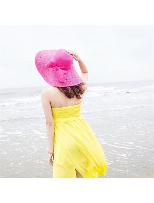 Floppy Foldable Ladies Women Straw Beach Sun SummerHat Beige Wide Brim Wide Brimmed Summer Hawaiian Fashion Sun Hat