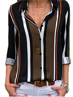 Astylish Womens V Neck Striped Roll up Sleeve Button Down Blouses Tops