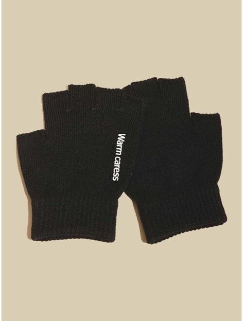 Shein Men Letter Embroidery Knit Half Finger Gloves