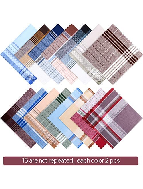 30 Pieces Men's Handkerchiefs Checkered Pattern Handkerchiefs Soft Plaid Hanky Pocket Square Hankies, Gift for Father Men, 16 x 16 Inches, 15 Colors
