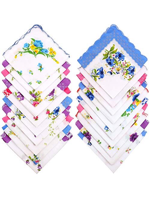 Boao 20 Pieces Women Soft Pocket Handkerchiefs Ladies Hankies Vintage Floral Print Handkerchiefs Medium