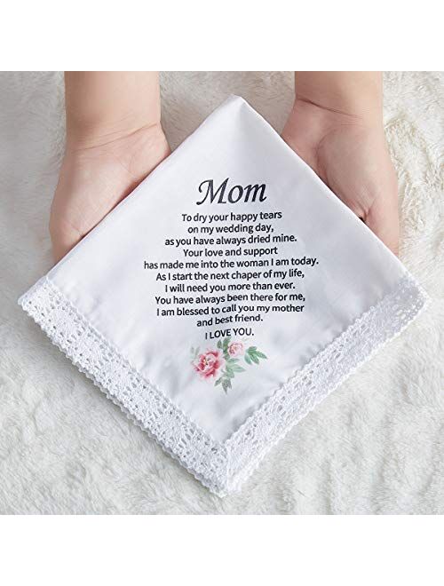 Udobuy Wedding Handkerchief Gift for Bride Groom Mom Dad Grandma Friends,Printed Wedding Hankies,Keepsake Hankie for Mother.