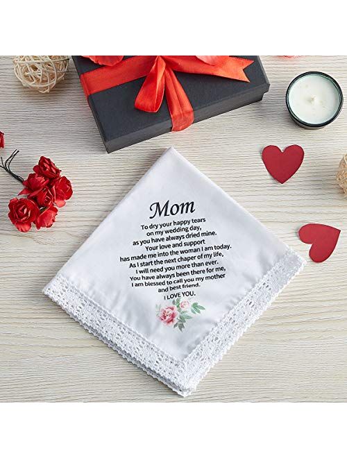 Udobuy Wedding Handkerchief Gift for Bride Groom Mom Dad Grandma Friends,Printed Wedding Hankies,Keepsake Hankie for Mother.