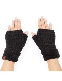 C.C Fingerless Gloves Fuzzy Lined Knit Wrist Warmer Solid Ribbed Glove (FLG-25)