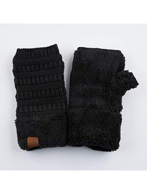 C.C Fingerless Gloves Fuzzy Lined Knit Wrist Warmer Solid Ribbed Glove (FLG-25)