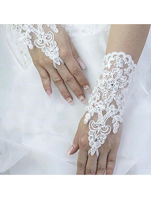 MisShow Lace Fingerless Rhinestone Bridal Gloves for Wedding Party