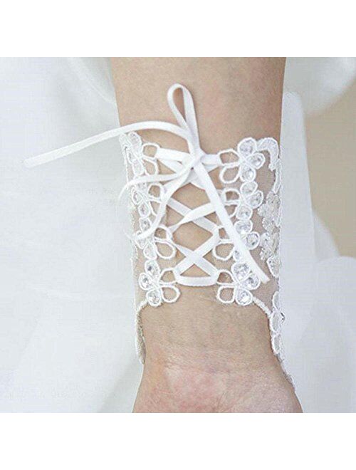 MisShow Lace Fingerless Rhinestone Bridal Gloves for Wedding Party