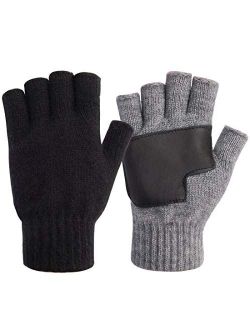 1/2 Pairs Winter Knit Fingerless Gloves, Warm Touchscreen Texting Open Finger Gloves with Anti-Slip Leather by Maylisacc