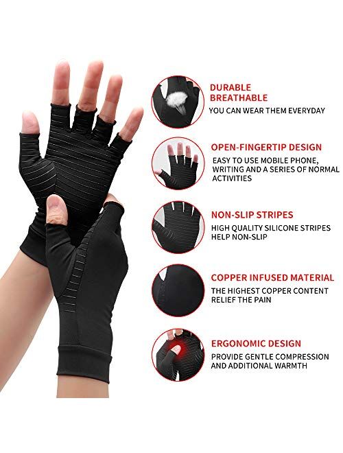 Copper Compression Arthritis Gloves, Best Copper Infused Glove for Women and Men, Fingerless Arthritis Gloves, Pain Relief and Healing for Arthritis, Carpal Tunnel, 1 Pai