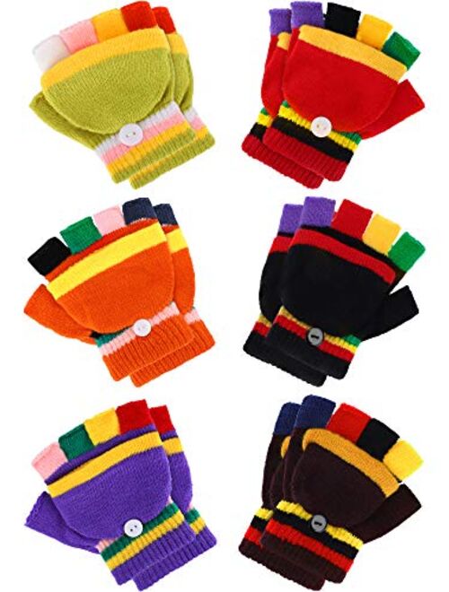 6 Pairs Convertible Fingerless Gloves Warm Knit Glove with Mitten Cover for Kids (Color Set 4)