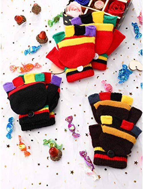 6 Pairs Convertible Fingerless Gloves Warm Knit Glove with Mitten Cover for Kids (Color Set 4)