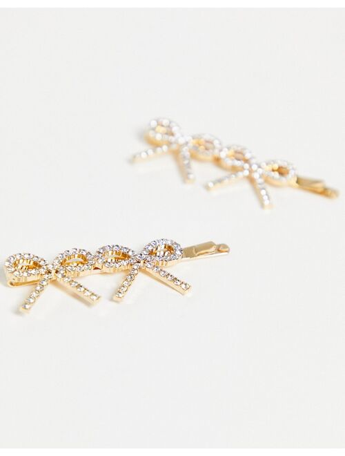 ASOS DESIGN pack of 2 hair clips in gold with diamante bows