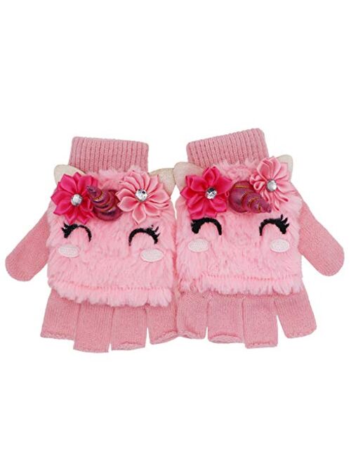 Cooraby 2 Pair Kids Convertible Flip Top Fingerless Gloves Warm Knitted Mittens for Boys and Girls