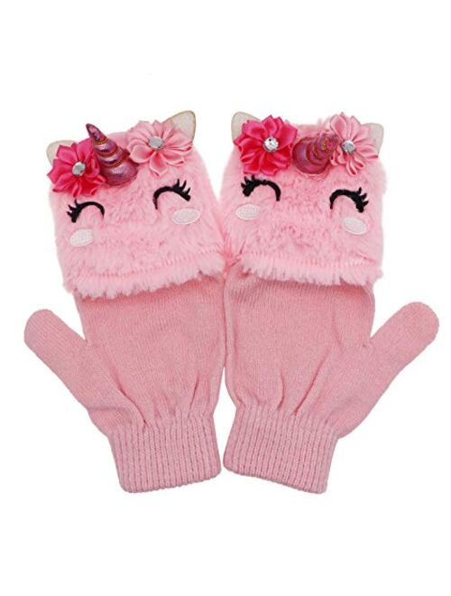 Kids Unicorn Flip Top Gloves with Mitten Cover Knitted Winter Fingerless Convertible Mittens for Boy Girls Toddler