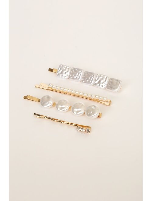 Lulus Choosing Bliss Gold Pearl and Rhinestone Hair Pin Set