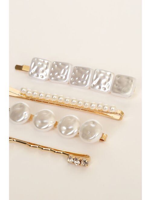 Lulus Choosing Bliss Gold Pearl and Rhinestone Hair Pin Set